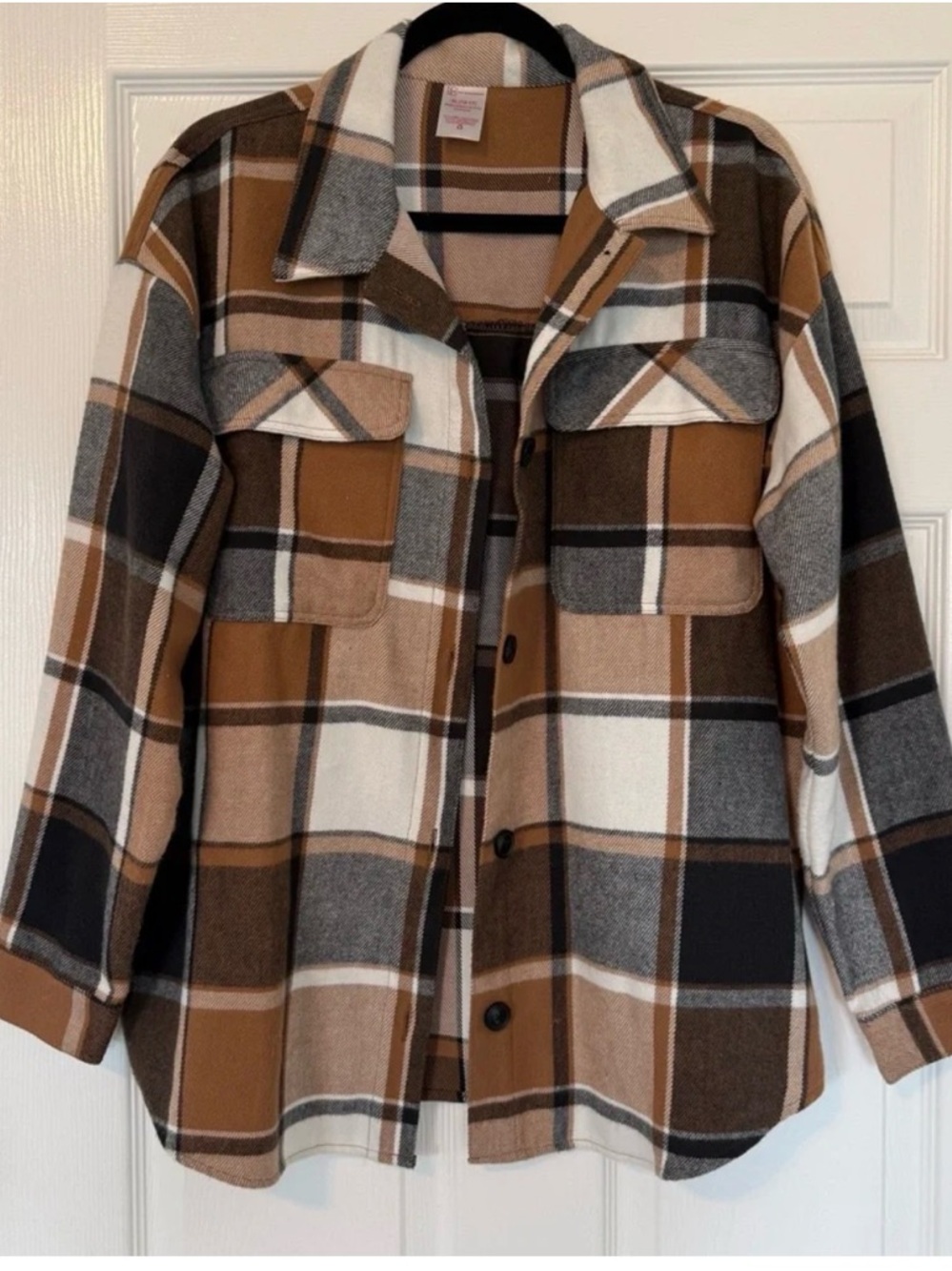 No Boundaries Brown Tan Black Plaid Shacket Jacket